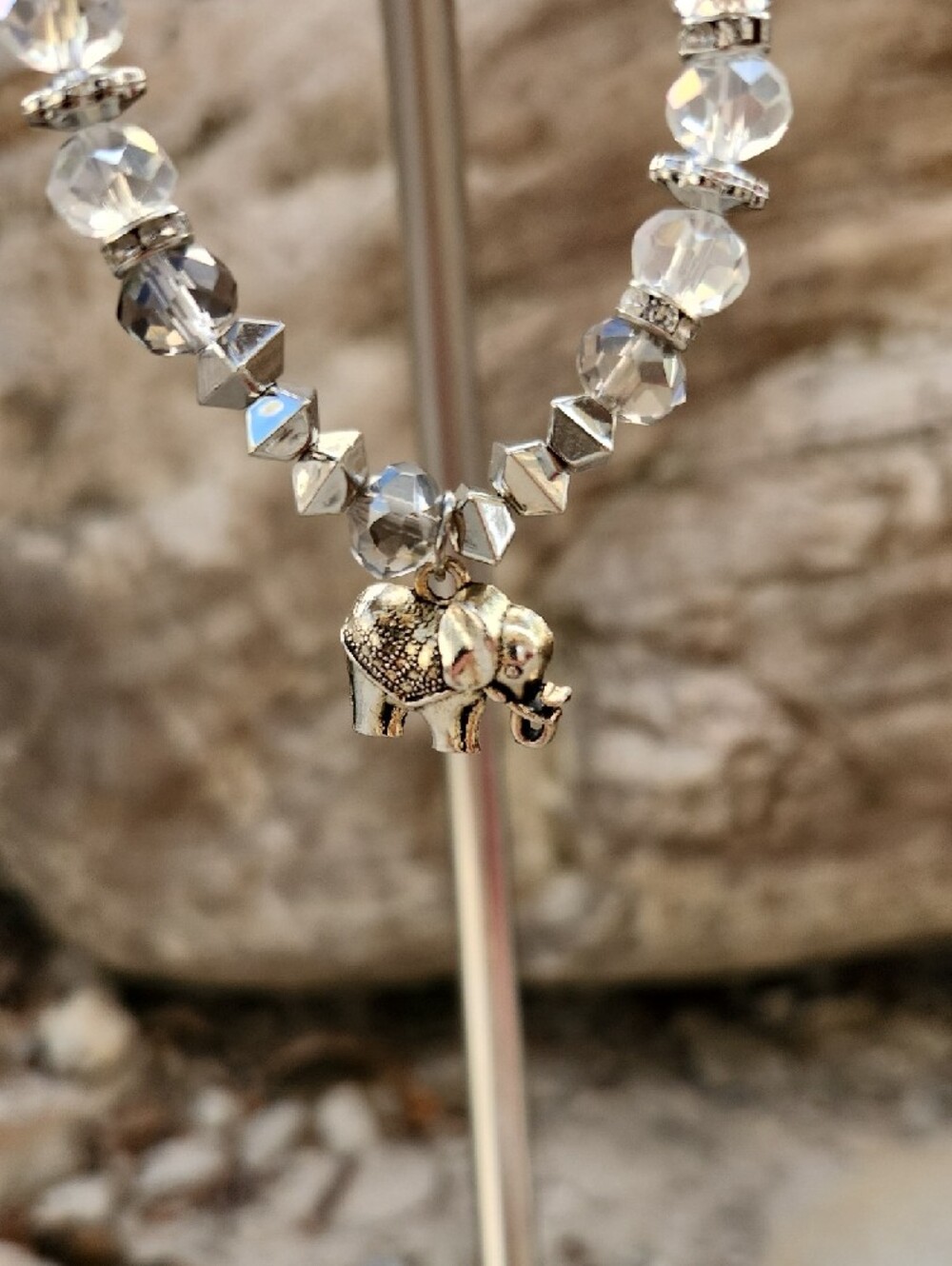 Beaded Elephant Charm Bracelet Set Rhinestone Spacers Silver Neutral Tones - Picture 3 of 12